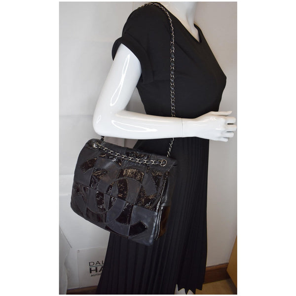 CHANEL Brooklyn Patchwork Flap Patent Leather Shoulder Bag Black