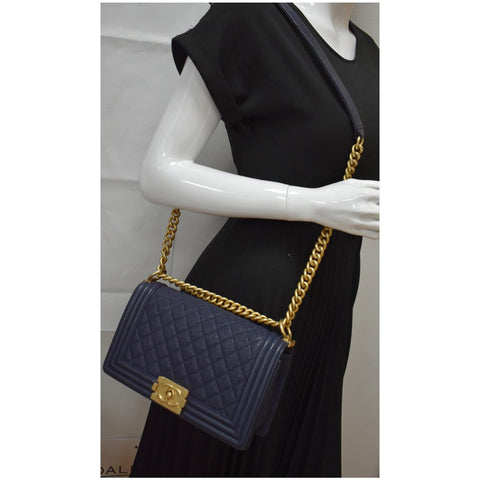 CHANEL Medium Boy Flap Quilted Leather Shoulder Bag Navy Blue