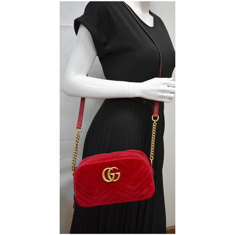 GUCCI GG Marmont Small Velvet Matelasse Crossbody Bag Red 447632