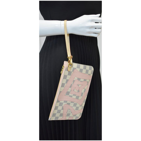 LOUIS VUITTON Tahitienne Pochette Wristlet Pouch Damier Azur Neverfull MM Pink