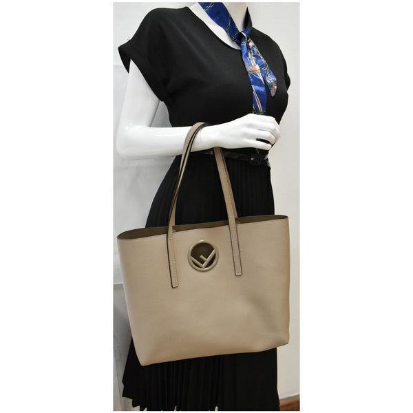 FENDI F Logo Calfskin Leather Shopping Tote Bag Taupe - Final Sale