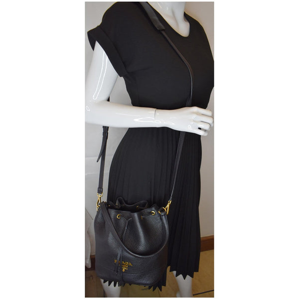PRADA Logo Drawstring Leather Bucket Shoulder Bag Black