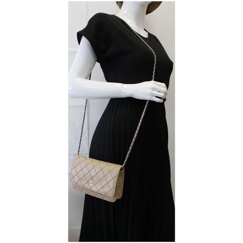 CHANEL Diamond Stitch Wallet On Chain Calfskin WOC Crossbody Bag Beige