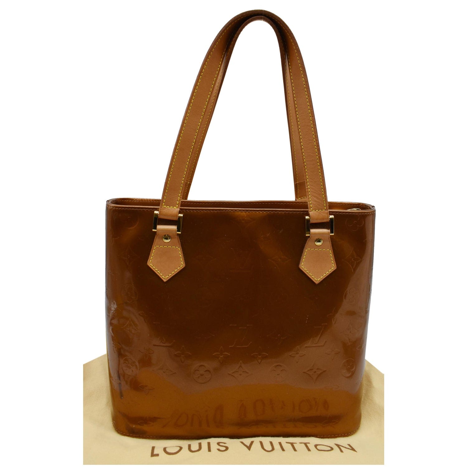 LOUIS VUITTON HOUSTON BRONZE VERNIS BAG, monogram bronze patent leather  with leather handles and brown leather lining, code inside, gold tone  hardware, single zip at the top, 30cm x 26cm H x