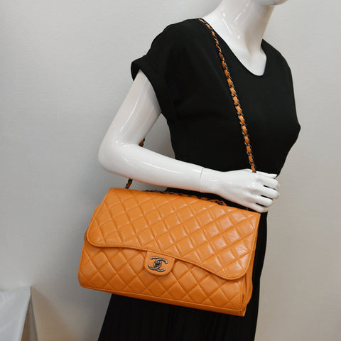 CHANEL Classic Flap Drawstring Quilted Lambskin Leather Shopper Shoulder Bag Orange - Hot Deals