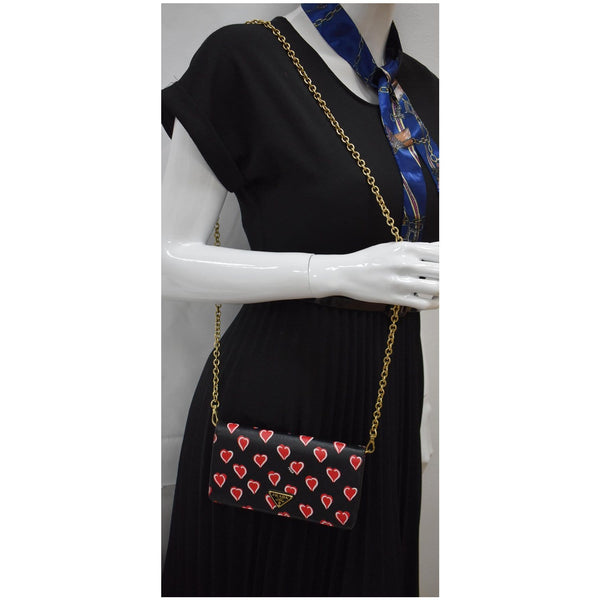 Prada Saffiano Heart Print Long Leather WOC Shoulder  Bag