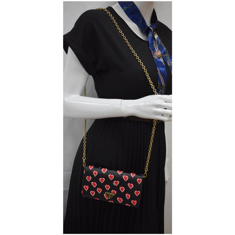 Prada Saffiano Heart Print Long Leather WOC Shoulder  Bag