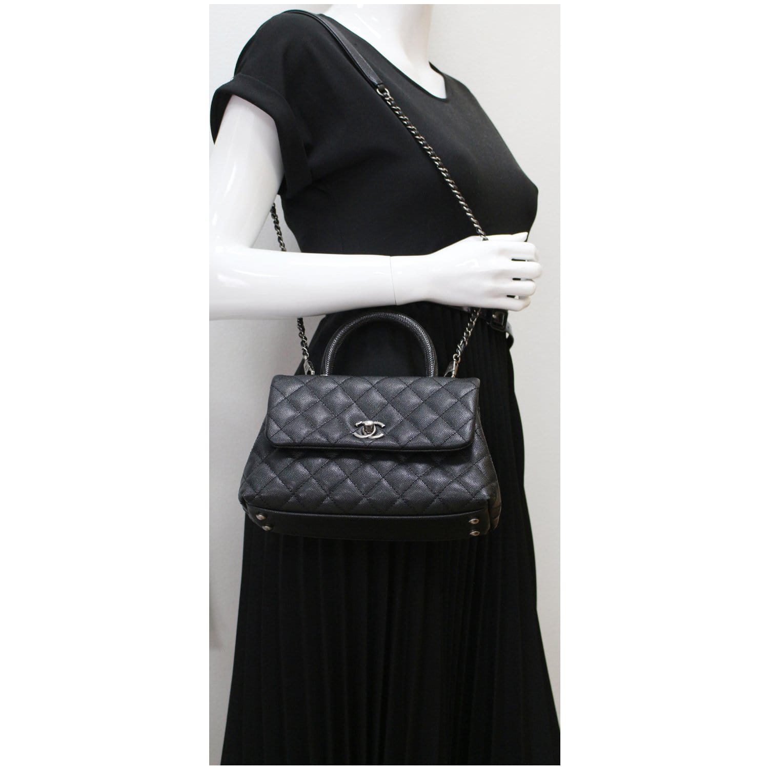CHANEL, Bags, Chanel Large Coco Caviar Leather Lizard Top Handle Gray  Burgundy Crossbody Bag