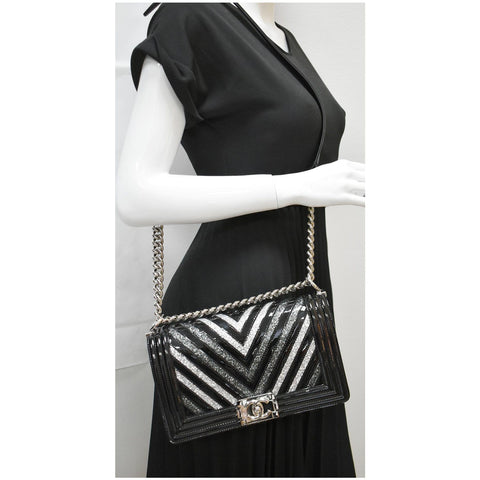 CHANEL Medium Boy Chevron Patent Glitter PVC Shoulder Bag Black