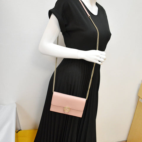 GUCCI Dollar Interlocking G Calfskin Leather Chain Wallet Crossbody Bag Soft Pink 510314