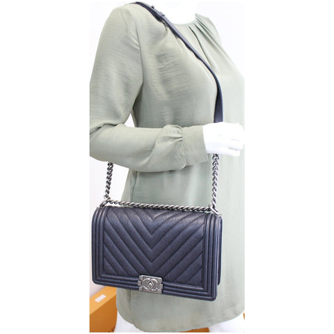 Chanel Boy New Medium Chevron Caviar Shoulder Bag Navy