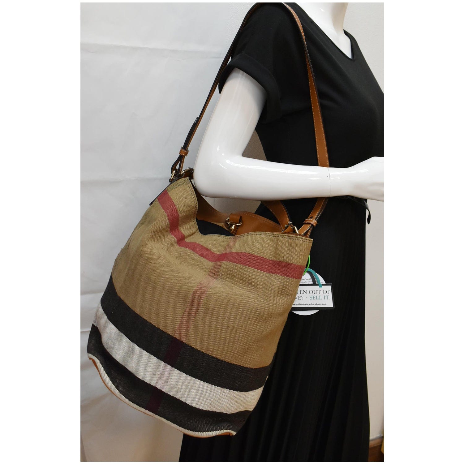 BURBERRY Susanna Medium Check Canvas Bucket Shoulder Bag Brown