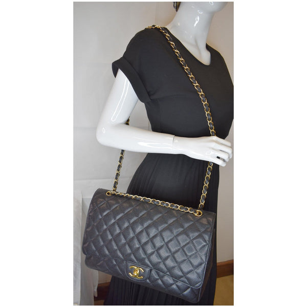 CHANEL Maxi Double Flap Caviar Leather Shoulder Bag Black