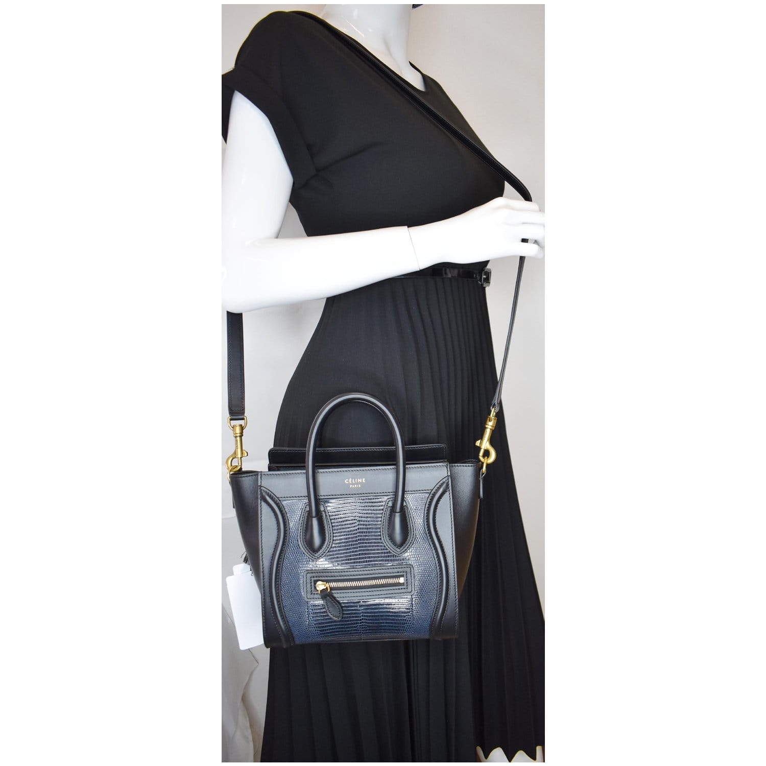 CELINE Micro Luggage Bi-Color Lizard Calfskin Tote Bag Black