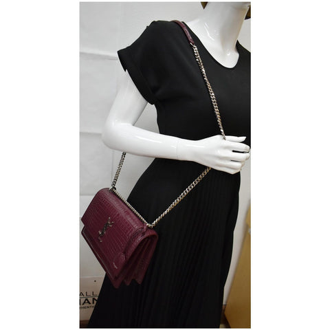 YVES SAINT LAURENT Sunset Medium Crocodile Leather Crossbody Bag Rouge Legion