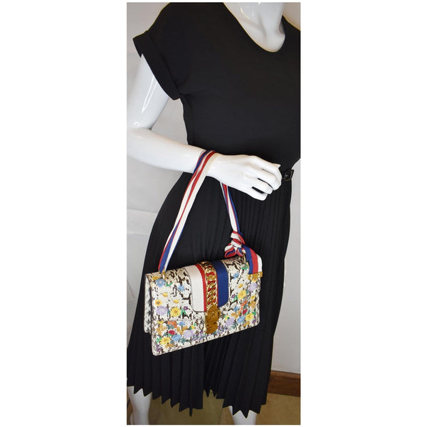 Gucci Small Sylvie Floral Embroidered Snakeskin Shoulder bag