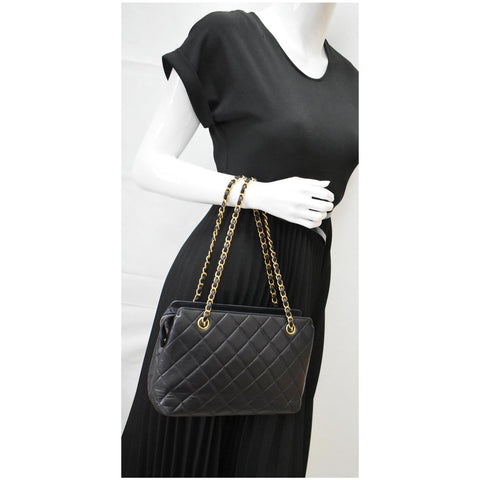 CHANEL Vintage Quilted Leather Chain Handle Tote Bag Black