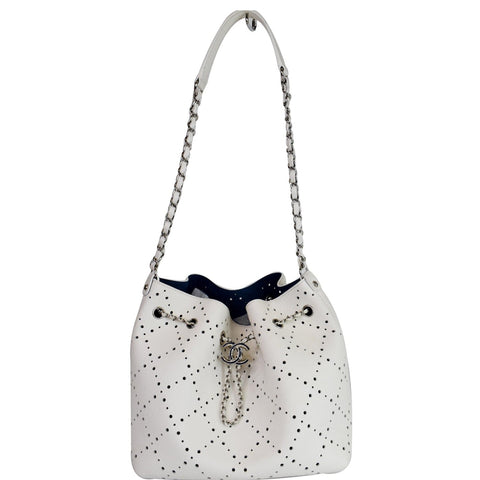 Chanel CC Drawstring Medium Perforated Caviar Bucket Bag White - 15% OFF