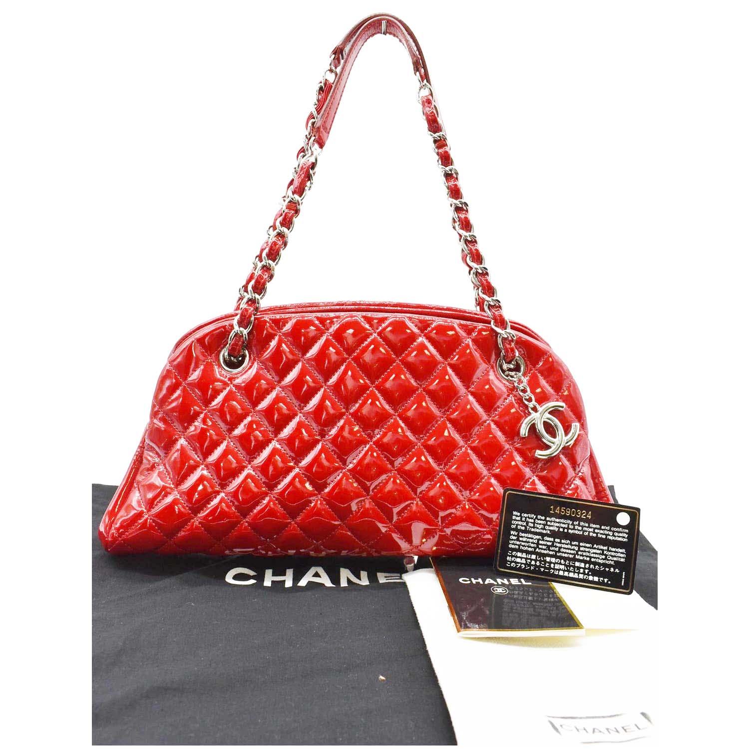CHANEL Just Mademoiselle Patent Leather Bowling Bag Red