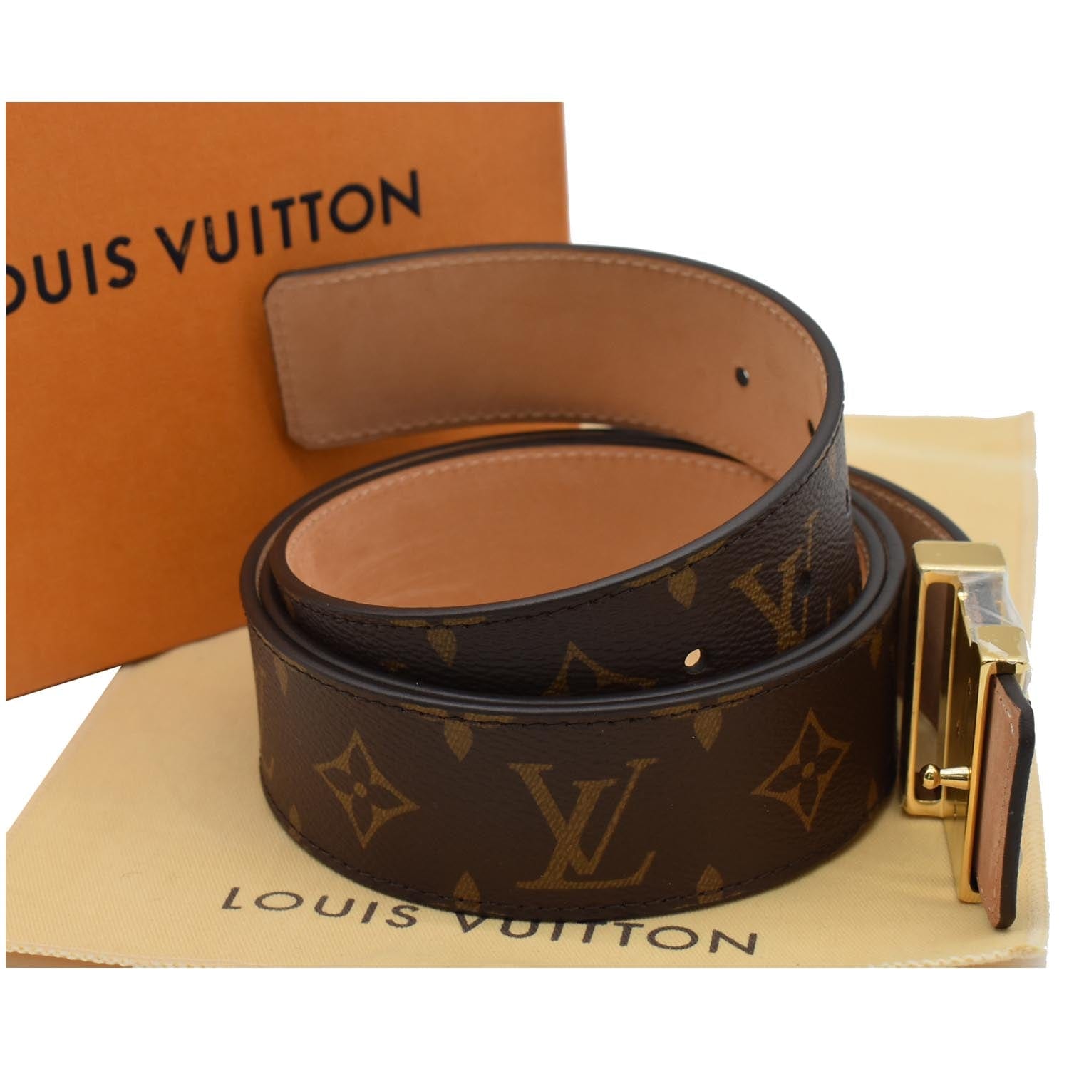 Designer M/L Louis Vuitton Gold Buckle Brown Tan LV Monogram Unisex Belt