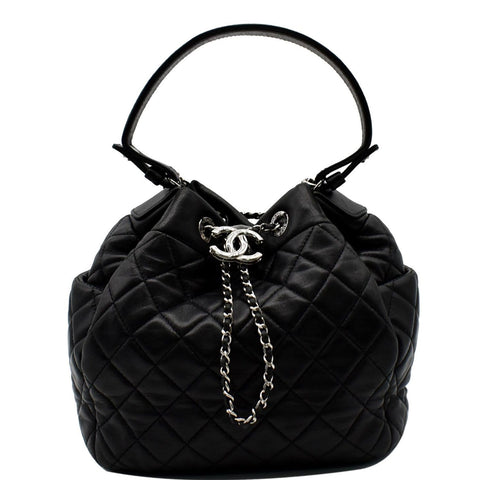 CHANEL Drawstring Bucket Quilted Lambskin Leather Shoulder Bag Black