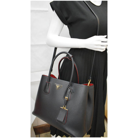 PRADA Double Handle Saffiano Leather Tote Shoulder Bag Black