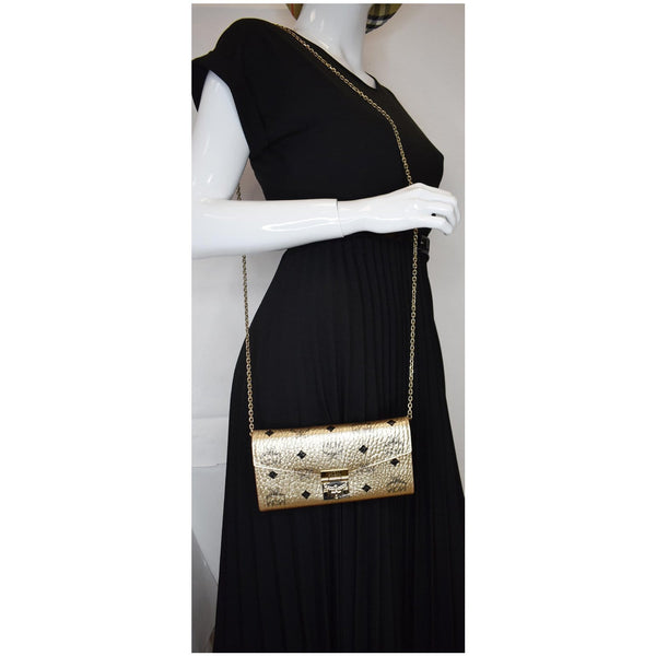 MCM Berlin Visetos Crossbody Chain on Wallet Gold