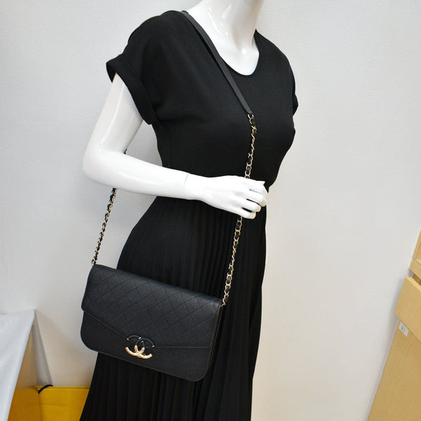 CHANEL Thread Around Caviar Leather Chain Flap Crossbody Bag Black