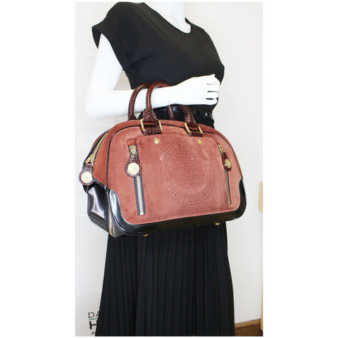 LOUIS VUITTON Stamped Trunk GM Suede Havane Satchel Bag Red