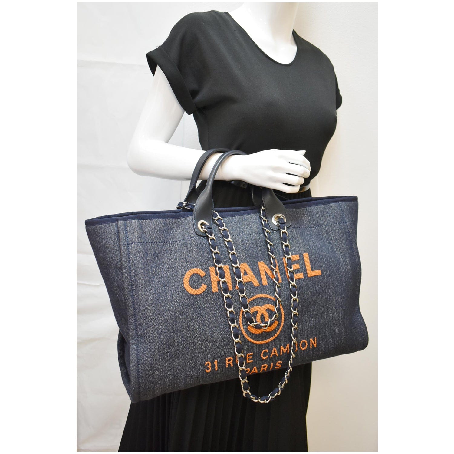 CHANEL Deauville Tote Blue Denim Large Silver Hardware 2015 - BoutiQi Bags