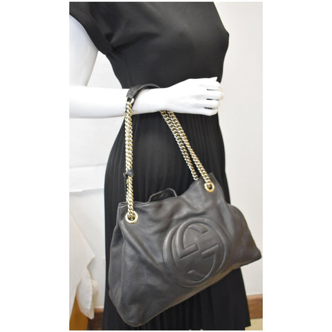 GUCCI Soho Pebbled Leather Chain Shoulder Bag 308982 Black