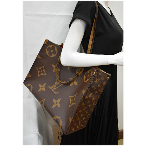 LOUIS VUITTON Onthego GM Reverse Monogram Canvas Tote Shoulder Bag Brown