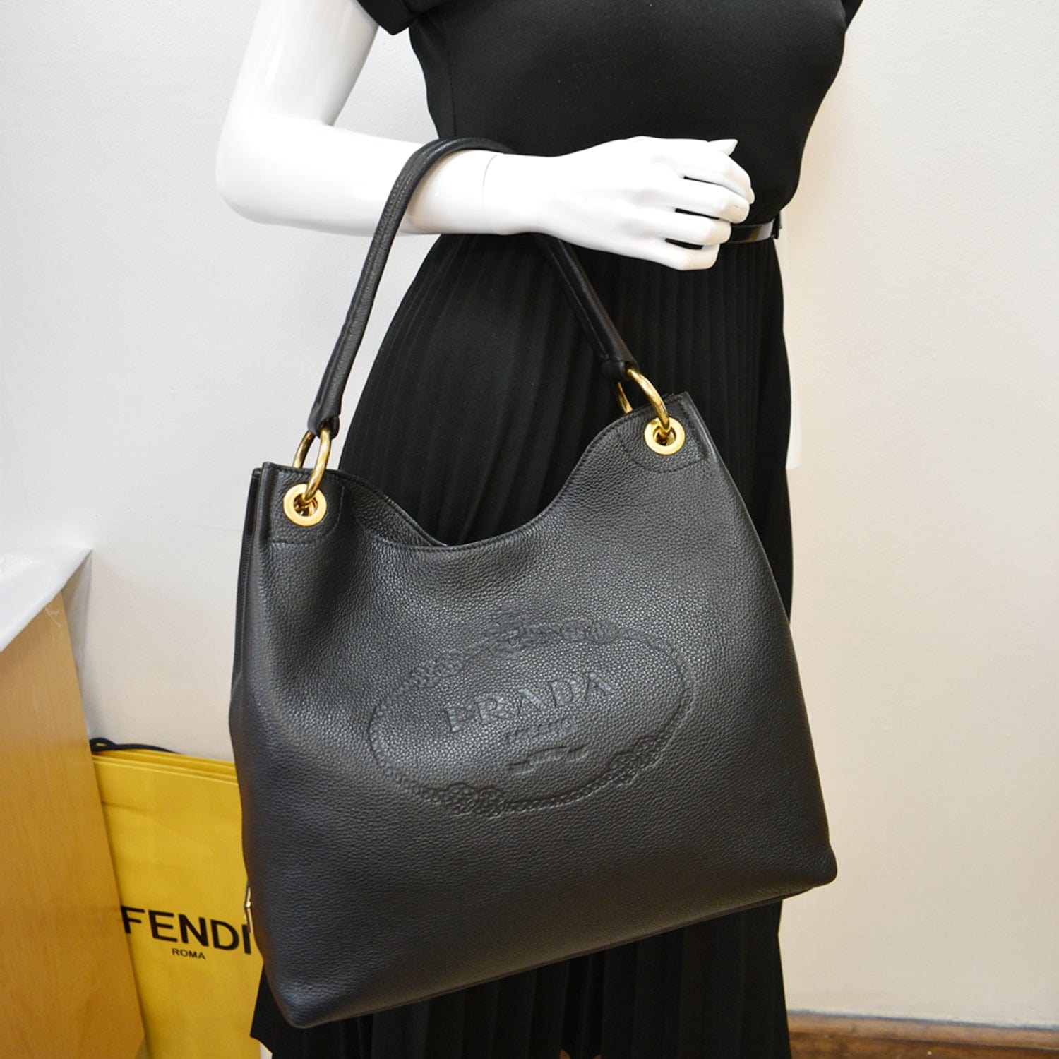 PRADA Vitello Phenix Leather Embossed Logo Hobo Bag Black