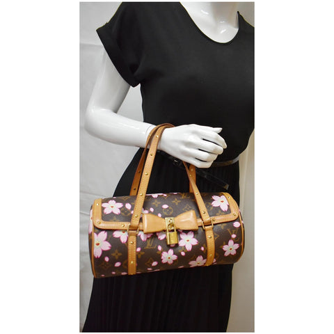 LOUIS VUITTON Papillon Monogram Cherry Blossom Tote Handbag Brown