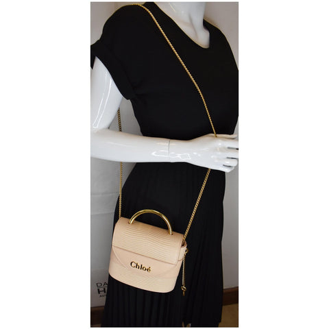 CHLOE Aby Lock Small Embossed/Calfskin Leather Chain Shoulder Bag Beige