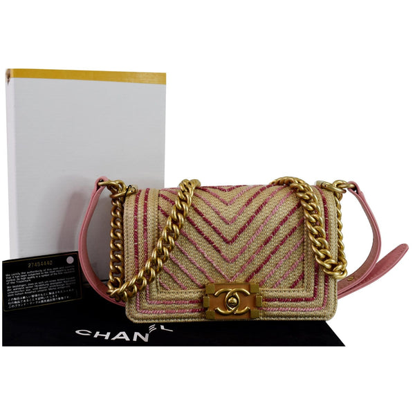 CHANEL Small Boy Chevron Cotton Mixed Fibers Shoulder Bag Pink
