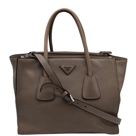 PRADA City Twin Pocket Calf Leather Tote Shoulder Bag Taupe