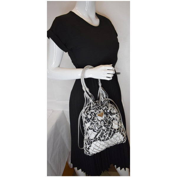 PRADA Rete Fabric Mesh Tote Bag Black/White