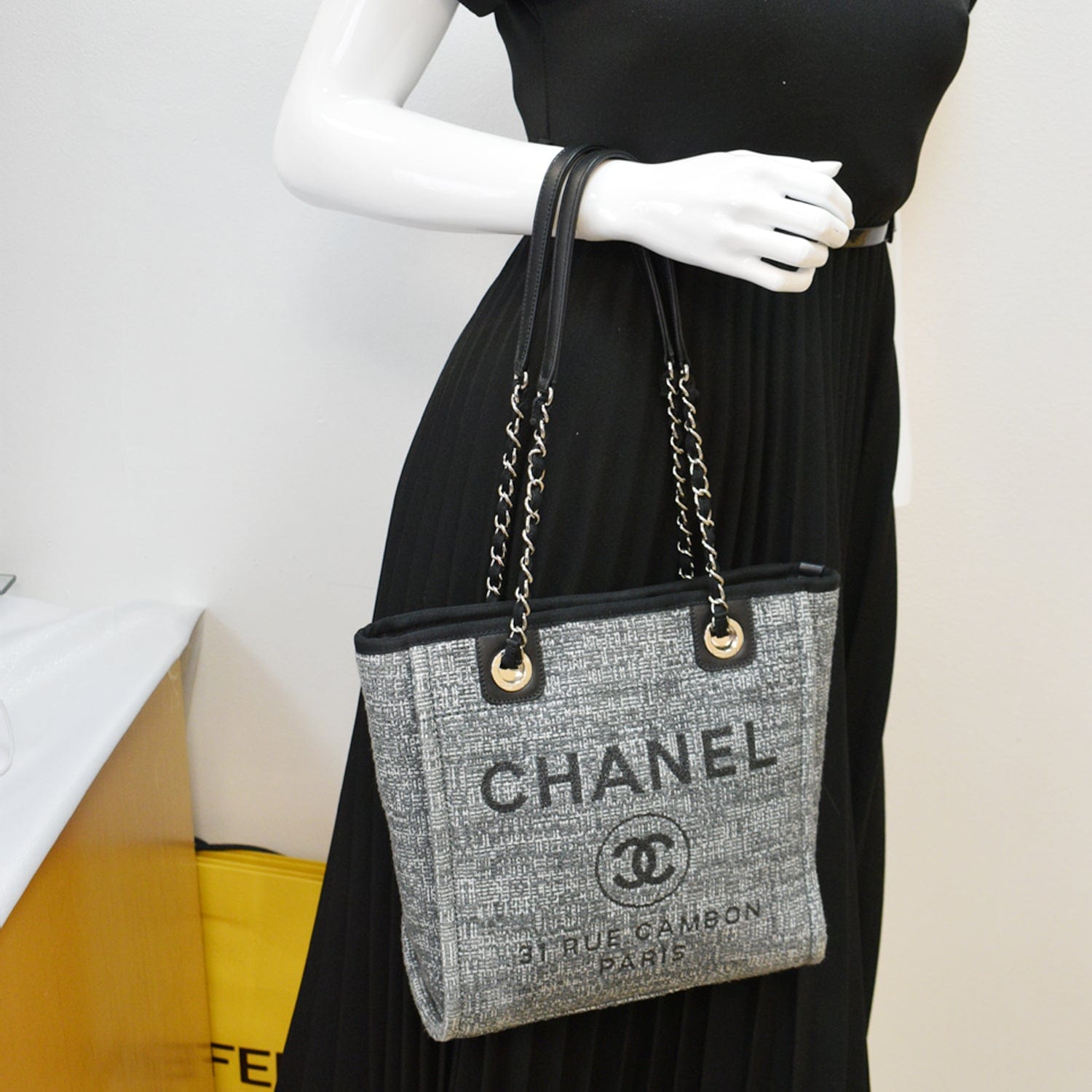 CHANEL Deauville Small Lurex Boucle Canvas Tote Bag Grey - 10% Off - Брошь  в стиле chanel