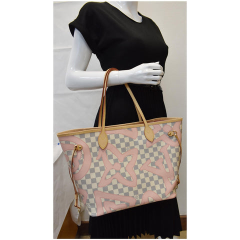LOUIS VUITTON Neverfull MM Tahitienne Damier Azur Shoulder Bag Pink