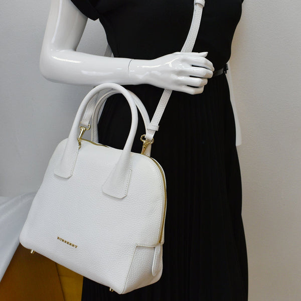 BURBERRY Grainy Leather Bowling Shoulder Bag White