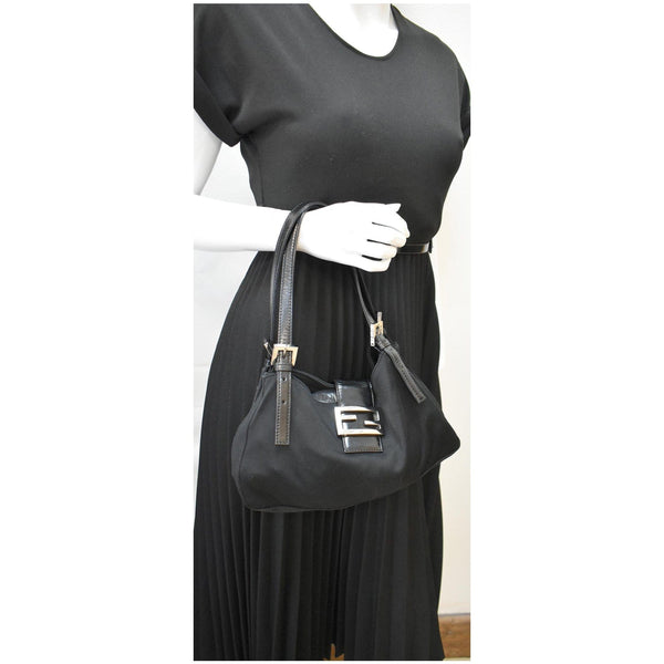 FENDI Mama Baguette Neoprene Canvas Shoulder Bag Black
