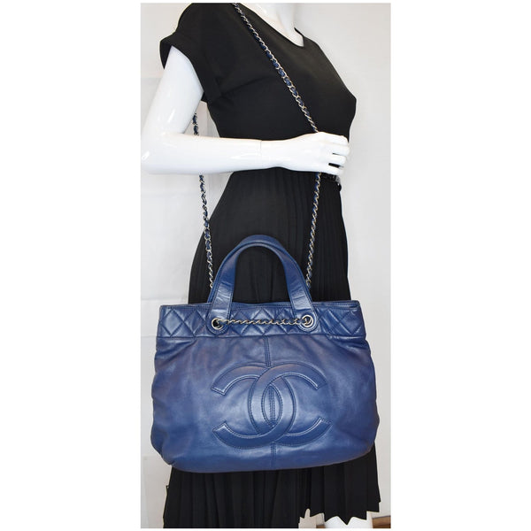 CHANEL Soft CC Shopping Leather Tote Shoulder Bag Blue