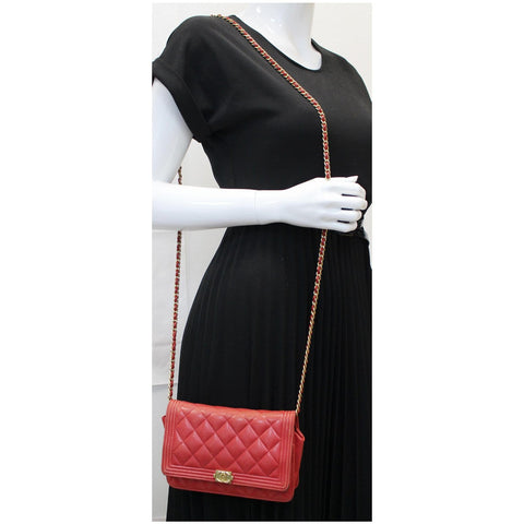 CHANEL Boy Woc Lambskin Leather Wallet On Chain Clutch Bag Red