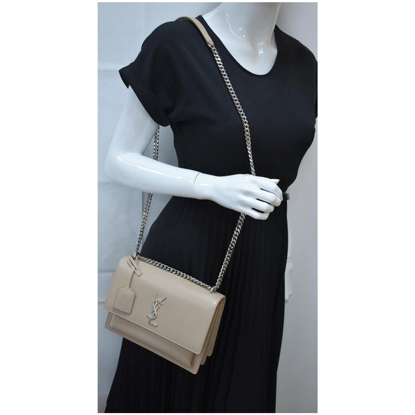 YVES SAINT LAURENT Monogram Sunset Medium Leather Shoulder Bag Beige