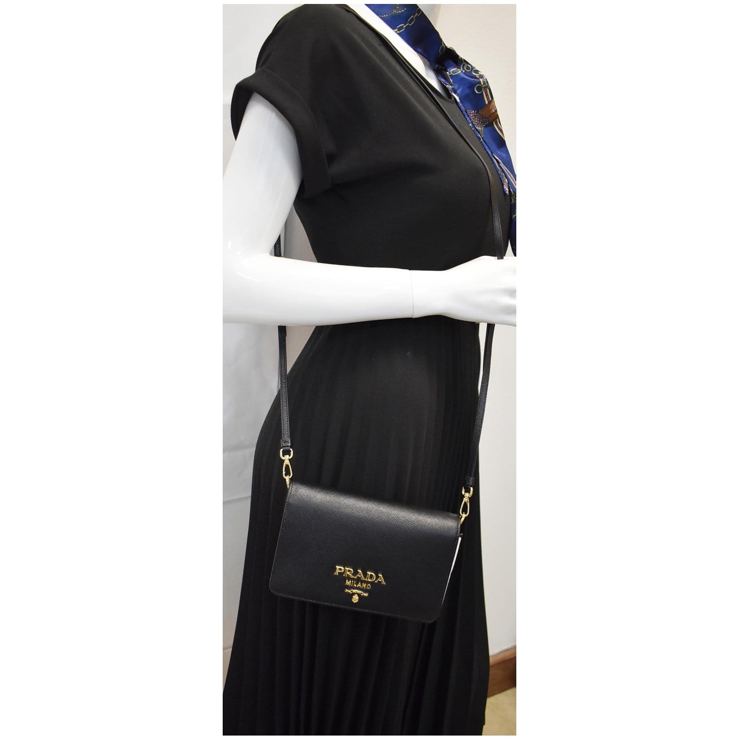 Prada Mini Saffiano Leather Chain Shoulder Bag Black
