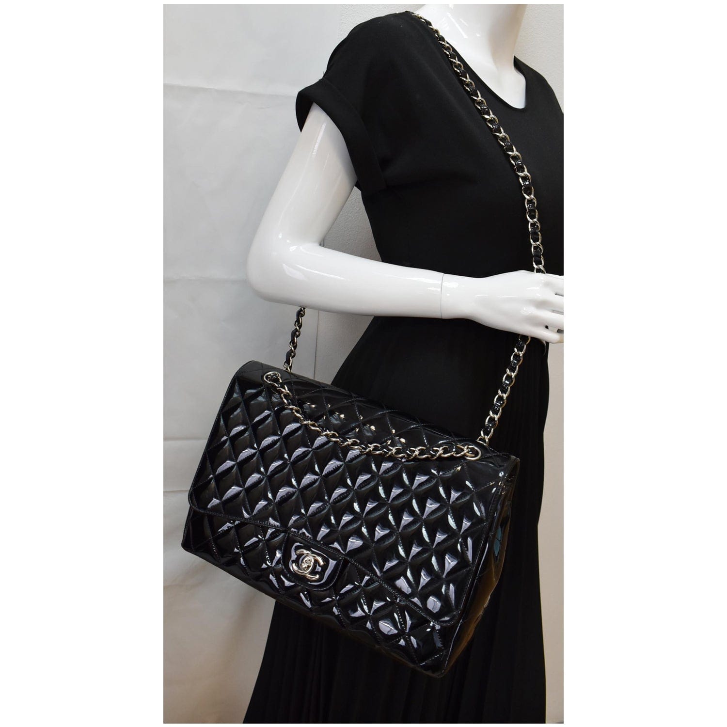 Chanel Classic Maxi Single Flap Quilted Patent Leather Bag