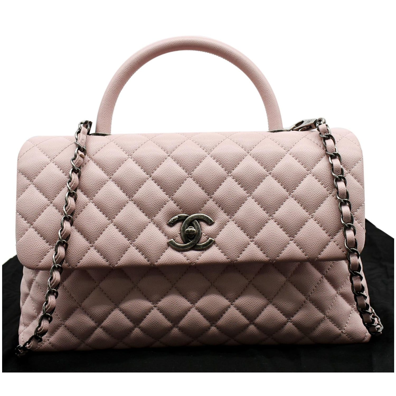 CHANEL White Coco Handle Shoulder Bag Quilted Caviar Leather