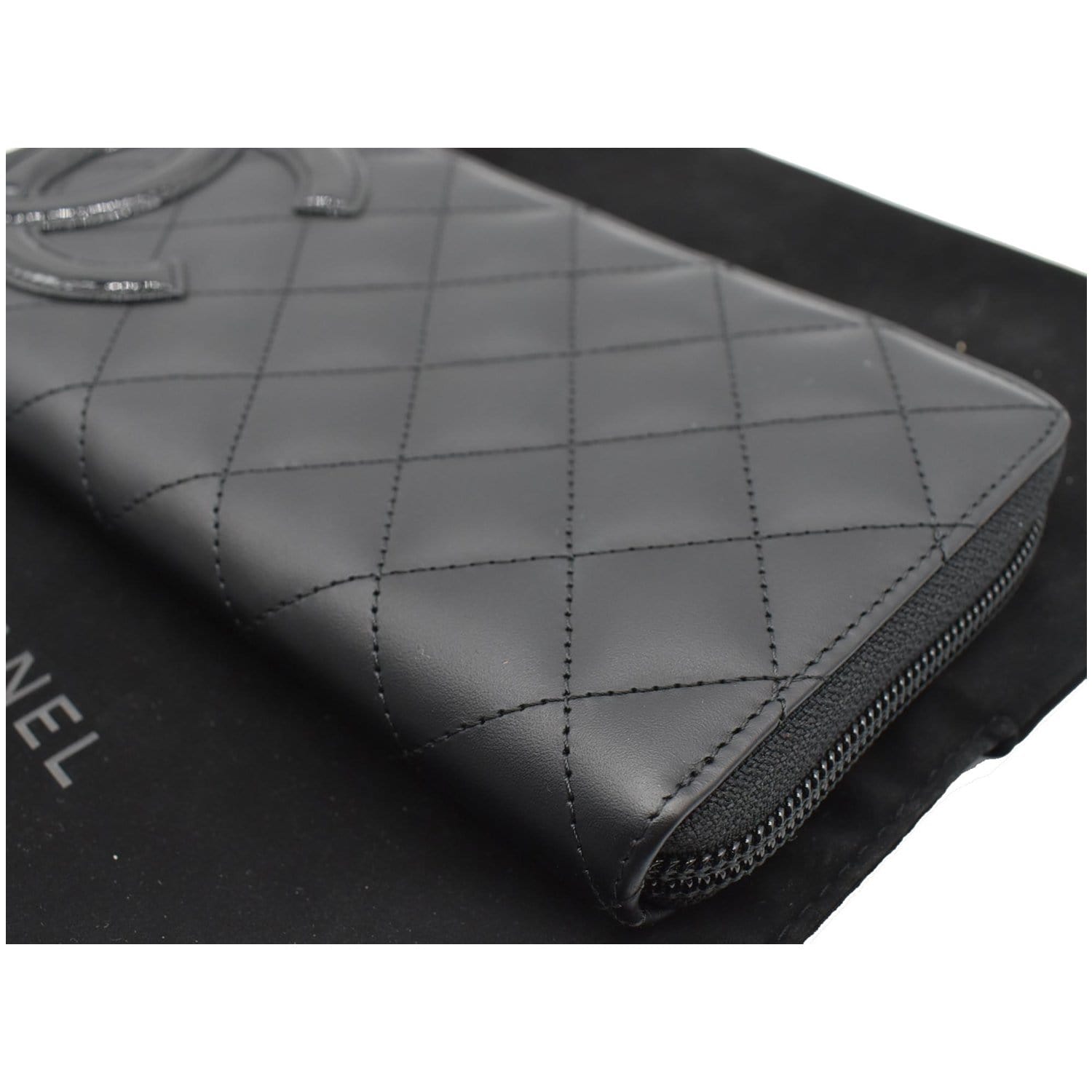 CHANEL Cambon Ligne Quilted Leather Zippy Wallet Black