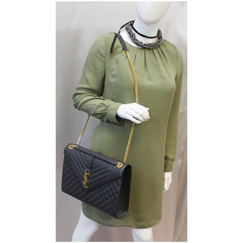 YVES SAINT LAURENT Envelope Large Matelasse Embossed Leather Shoulder Bag Dark Smog